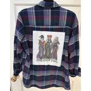 Hocus Pocus Upcycled  Plaid Flannel Shirt Button Up Bad Witch Vibes Size Medium